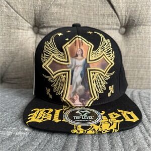 Top Level "Blessed " Hat Cap Religious Cross Angel Black Snapback Big Print NWT